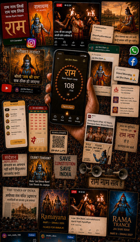 This image was created specifically for the Dhun essay (2026) using generative AI tools (ChatGPT/OpenAI) in order to visually synthesize broader digital environments surrounding the contemporary circulation of Rām nām online. Rather than documenting a single real interface, application, or social media feed, the collage functions as a composite interpretive visualization bringing together recurring devotional, aesthetic, political, and technological motifs encountered during the research process. It is included as an analytical and illustrative image reflecting the multisensory and highly mediated circulation of sacred names within contemporary digital media ecologies. The image also forms part of a broader methodological reflection on AI assisted visual mediation within the project. Its compositional excesses, visual inconsistencies, and occasional inaccuracies, including distortions in text rendering and the blending of multiple visual registers, are not treated merely as technical flaws but as analytically revealing features of generative image systems themselves. The collage therefore also reflects how AI models interpret, aggregate, recombine, and reimagine religious imagery through patterns drawn from large scale digital training data, raising further questions about the remediation of religion, synthetic visual cultures, and the growing entanglement between devotional practice, digital infrastructures, and machine generated imaginaries.