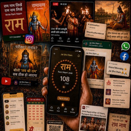 This image was created specifically for the Dhun essay (2026) using generative AI tools (ChatGPT/OpenAI) in order to visually synthesize broader digital environments surrounding the contemporary circulation of Rām nām online. Rather than documenting a single real interface, application, or social media feed, the collage functions as a composite interpretive visualization bringing together recurring devotional, aesthetic, political, and technological motifs encountered during the research process. It is included as an analytical and illustrative image reflecting the multisensory and highly mediated circulation of sacred names within contemporary digital media ecologies. The image also forms part of a broader methodological reflection on AI assisted visual mediation within the project. Its compositional excesses, visual inconsistencies, and occasional inaccuracies, including distortions in text rendering and the blending of multiple visual registers, are not treated merely as technical flaws but as analytically revealing features of generative image systems themselves. The collage therefore also reflects how AI models interpret, aggregate, recombine, and reimagine religious imagery through patterns drawn from large scale digital training data, raising further questions about the remediation of religion, synthetic visual cultures, and the growing entanglement between devotional practice, digital infrastructures, and machine generated imaginaries.